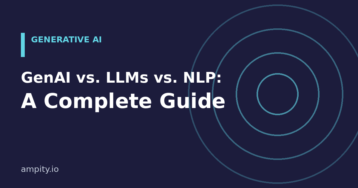GenAI versus LLMs versus NLP editorial cover with decorative concentric circles, not a technical taxonomy